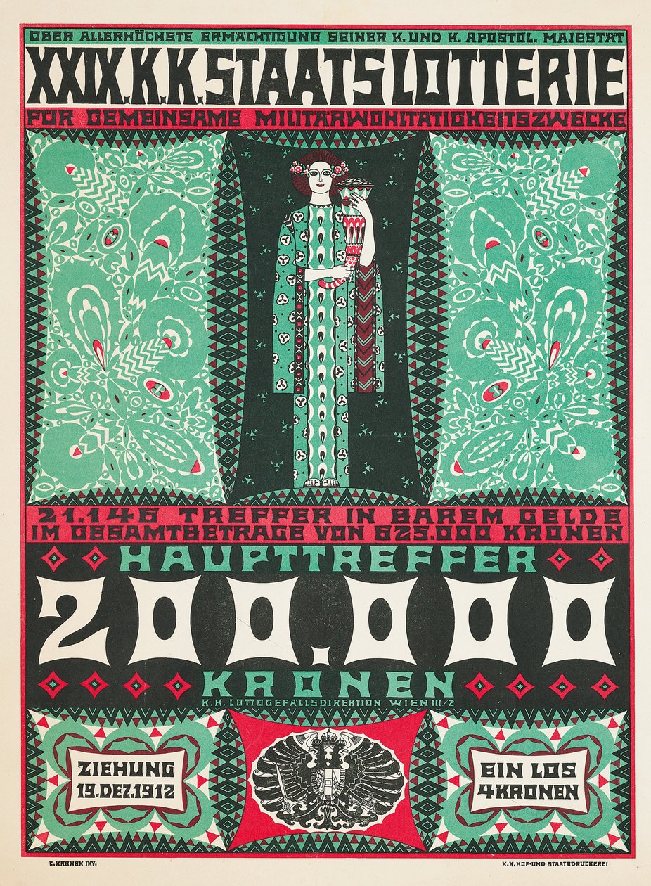 Plakat, der reklamerer for det 24. kongelige østrigske velgørenhedslotteri i 1912 af Carl Krenek