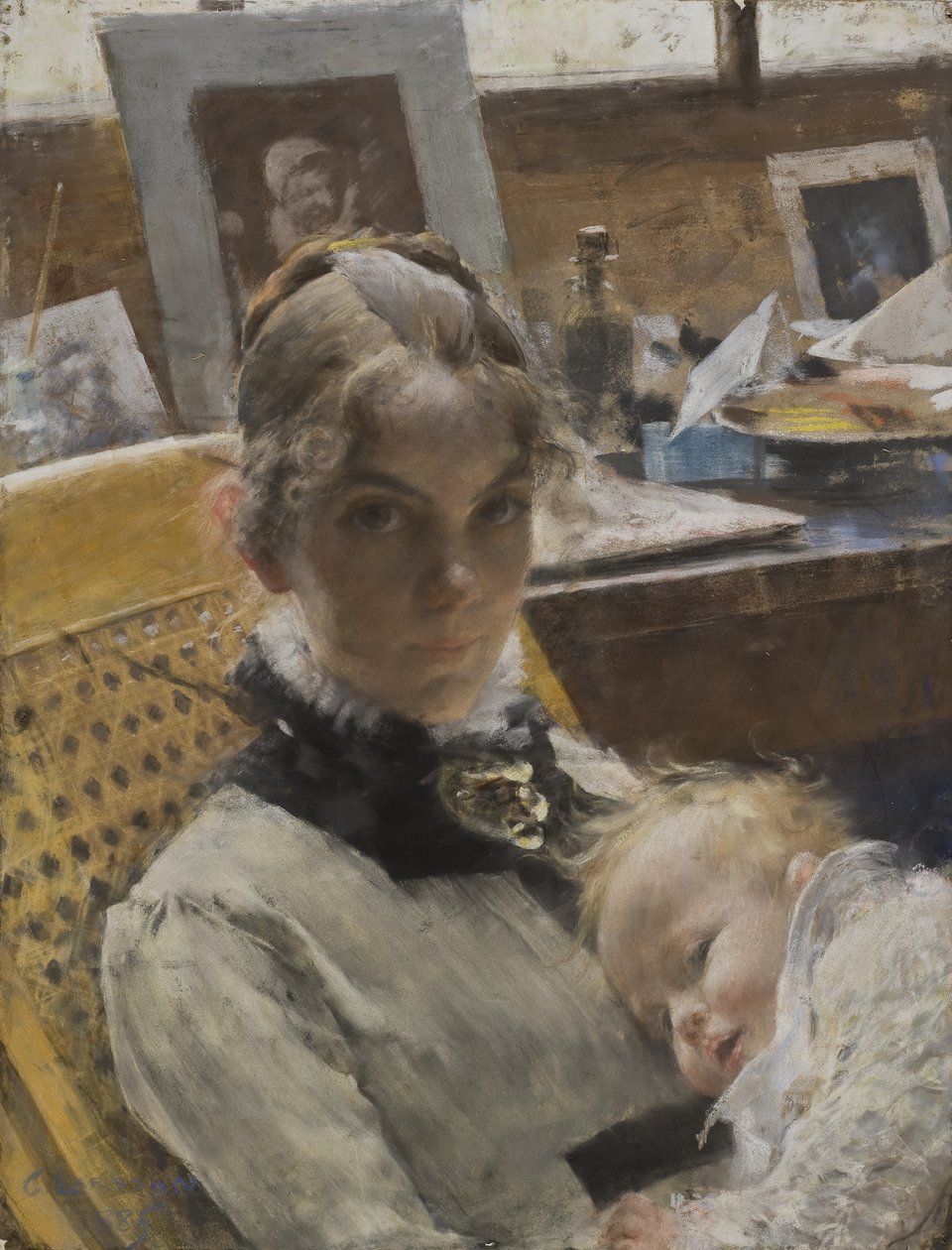 A Studio Idyll: The Artists Wife and their Daughter Suzanne, 1885 (pastel) af Carl Larsson