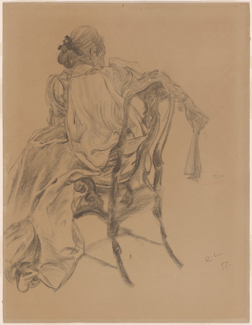 En elegant dame fra det attende århundrede holder en vifte af Carl Larsson