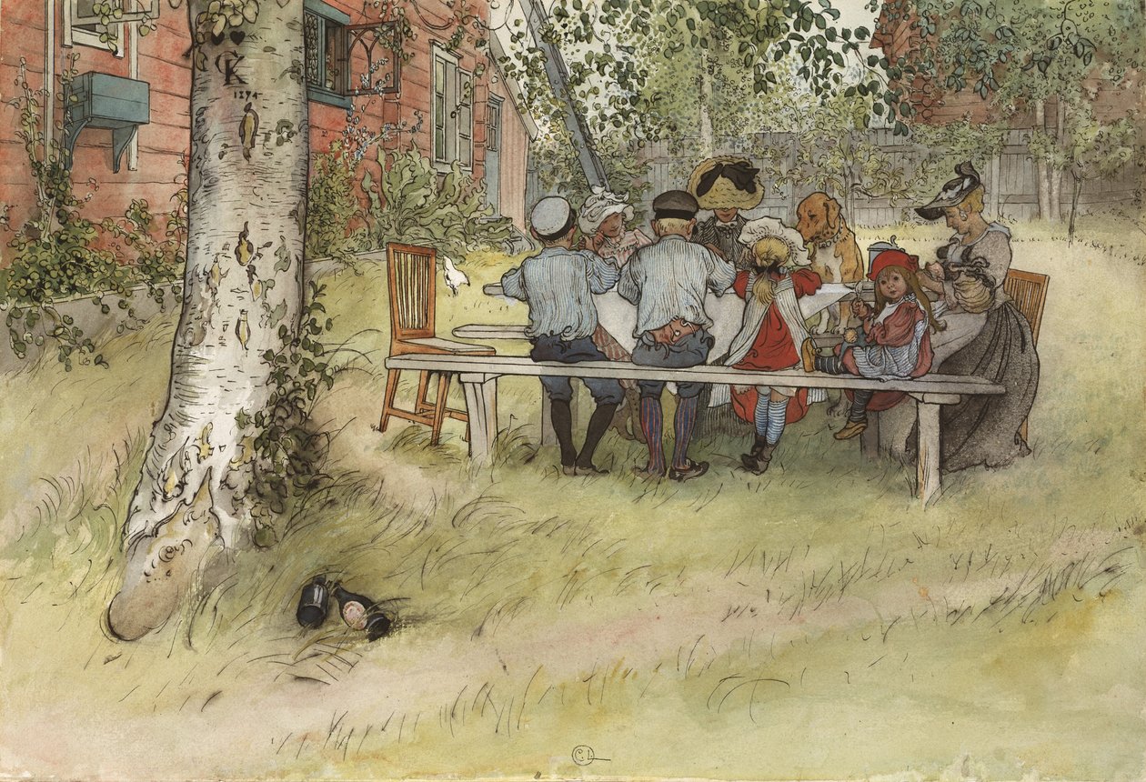 Breakfast under the Big Birch, fra A Home-serien, ca. 1895 (wc på papir) af Carl Larsson
