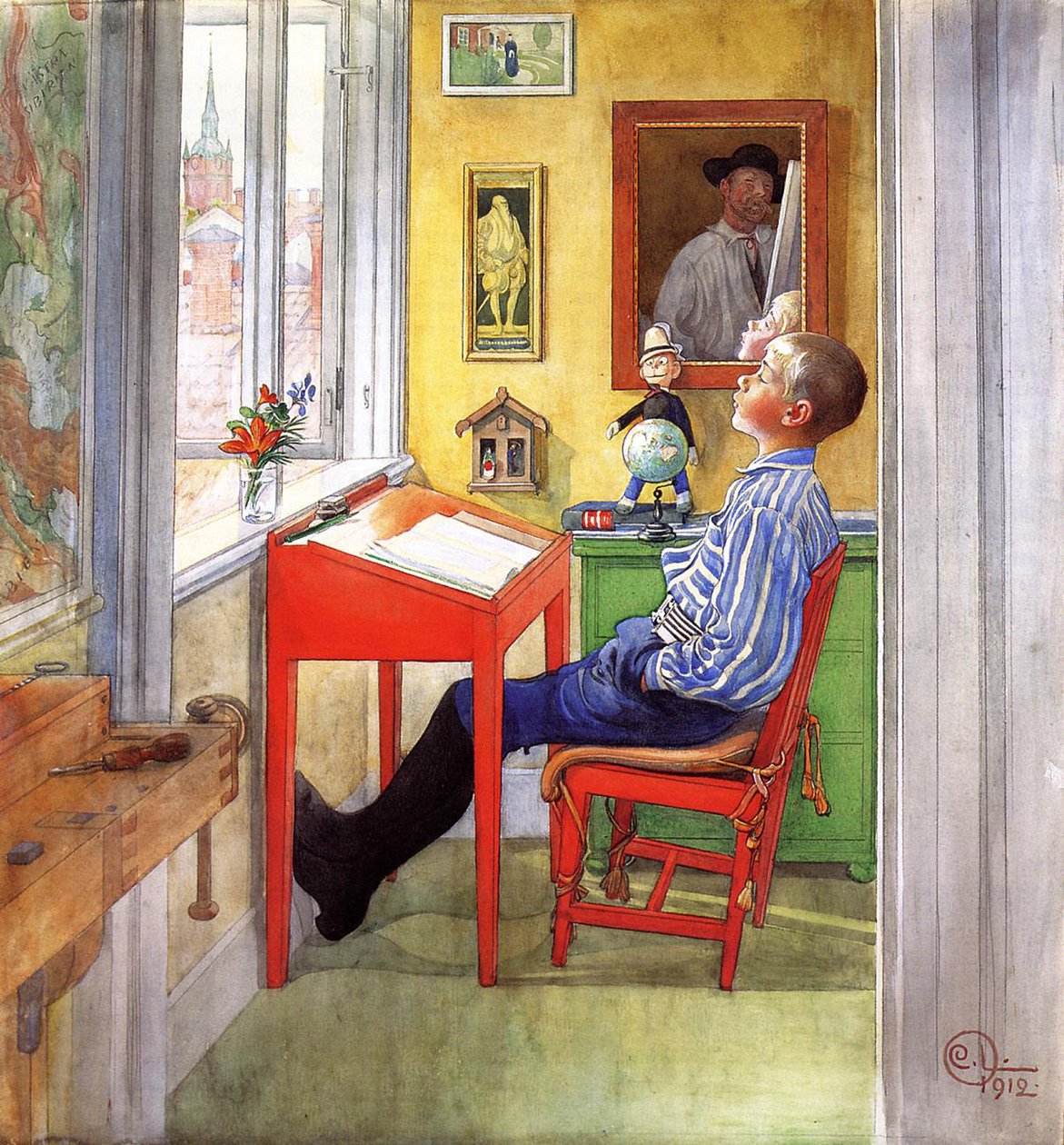 Esbjørn gør sit hjemmearbejde, 1912 (wc, gouache og blyant på papir på lærred) af Carl Larsson