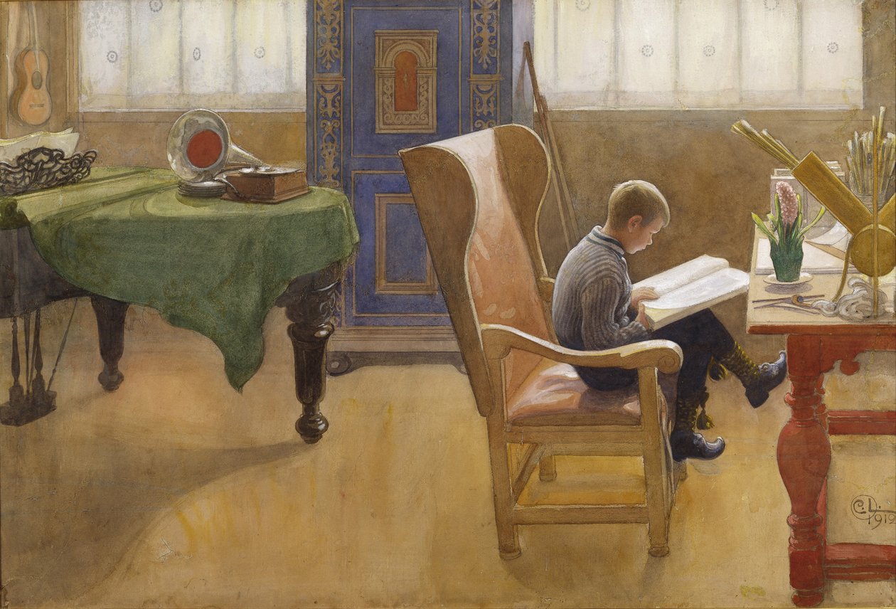Esbjørn i Studiehjørnet, 1912 (wc på papir) af Carl Larsson