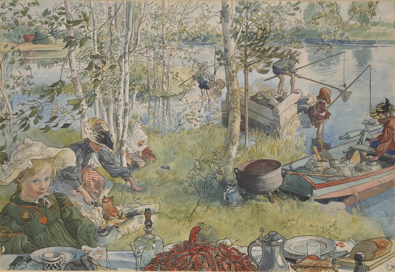 La peche aux ecrevisses - Krebsefiskeri, af Larsson, Carl (1853-1919). Akrylfarver på papir. Mål: 32x43 cm. Nationalmuseum Stockholm af Carl Larsson