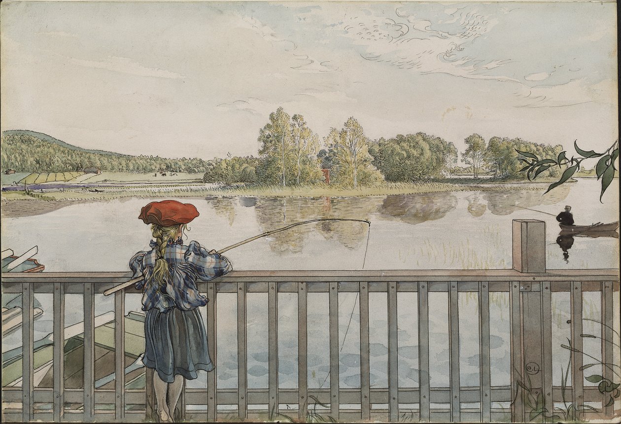 Lisbeth a la peche a la ligne - Lisbeth Angling, af Larsson, Carl (1853-1919). Akvarel og tempera på papir. Mål: 32x43 cm. Nationalmuseum Stockholm af Carl Larsson