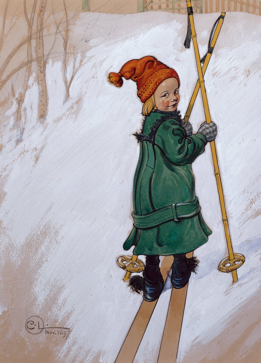 Lille pige på ski af Carl Larsson