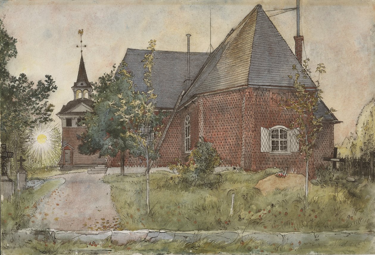 Gamle Sundborn Kirke, fra A Home-serien, ca. 1895 (wc på papir) af Carl Larsson