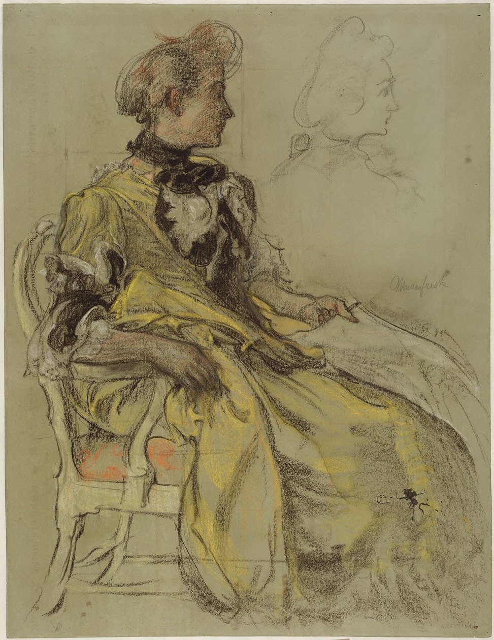 Skitse til Lovisa Ulrikas kostume: Foreløbig tegning til freskomaleriet af Lovisa Ulrika i trappen på Nationalmuseet i Stockholm af Carl Larsson
