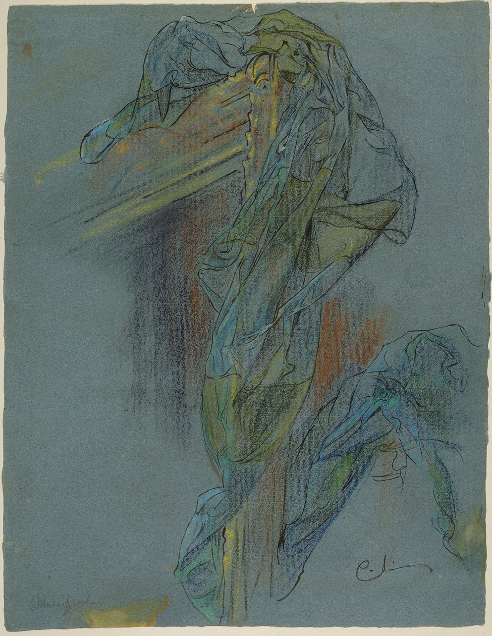 Undersøgelse af en ramme og drapering i Bouchers »Venus’ triumf«: Foreløbig tegning til Lovisa Ulrika-freskoen i trappen på Nationalmuseet i Stockholm af Carl Larsson