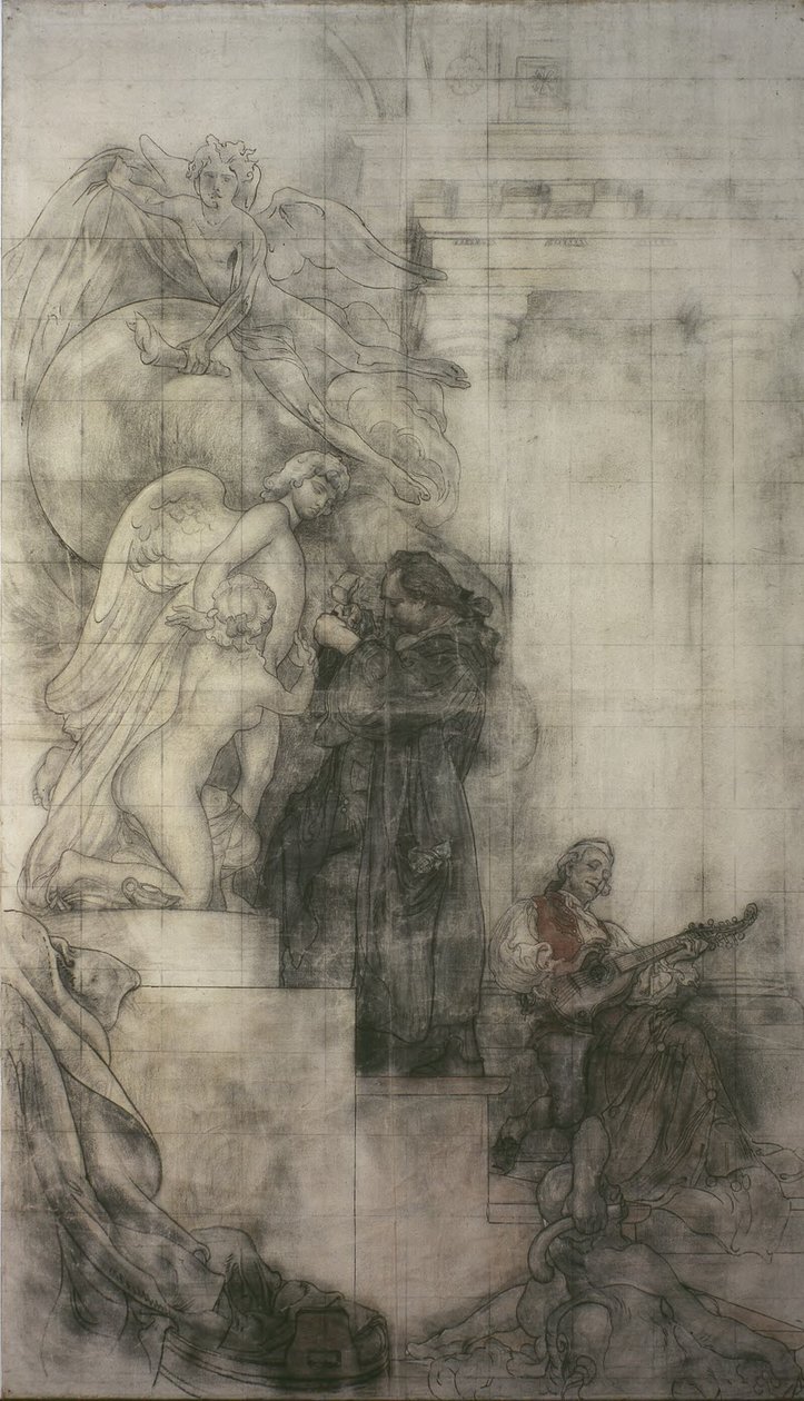Skulpturkunsten: Carl Michael Bellman i Sergels atelier. Karton til fresken i den nedre sal på NM af Carl Larsson