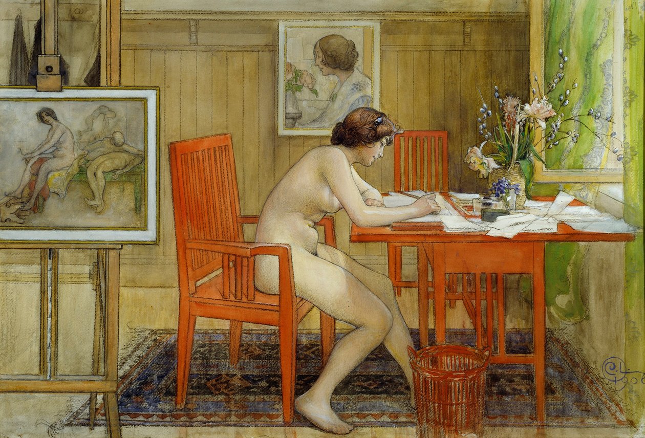 Modellen, der skriver et postkort af Carl Larsson