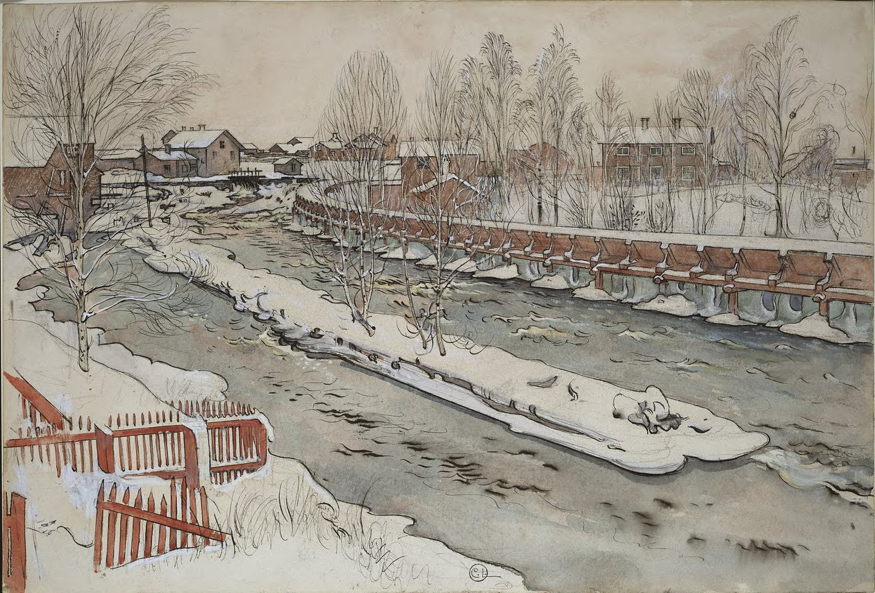 »The Timber Chute«. Vintermotiv. Fra serien »A Home« (26 akvareller) af Carl Larsson