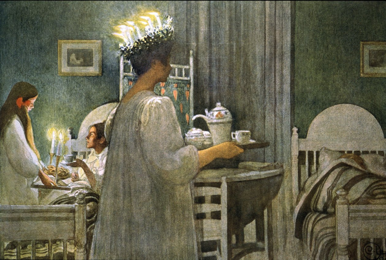 ung pige med stearinlys krone på håret under Saint Lucy day, Illustration 1916 af Carl Larsson
