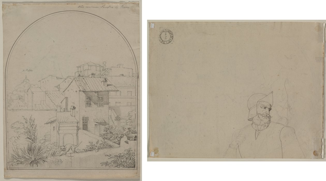 Udsigt fra mit vindue i Rom (recto) Soldat in a Landscape (verso) af Carl Ludwig Tischbein
