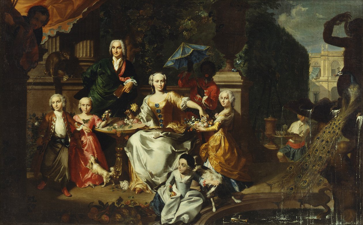 En familiegruppe på en terrasse i en villas grund, muligvis George Jackson og hans familie, 1737 af Carl Marcus Tuscher