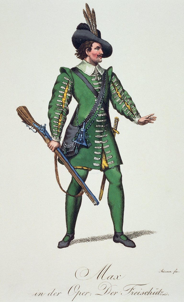 Max, kostumeskitse til Der Freischutz (skytten eller friskytten), af Carl Maria von Weber (1786-1826) af Carl Maria von Weber