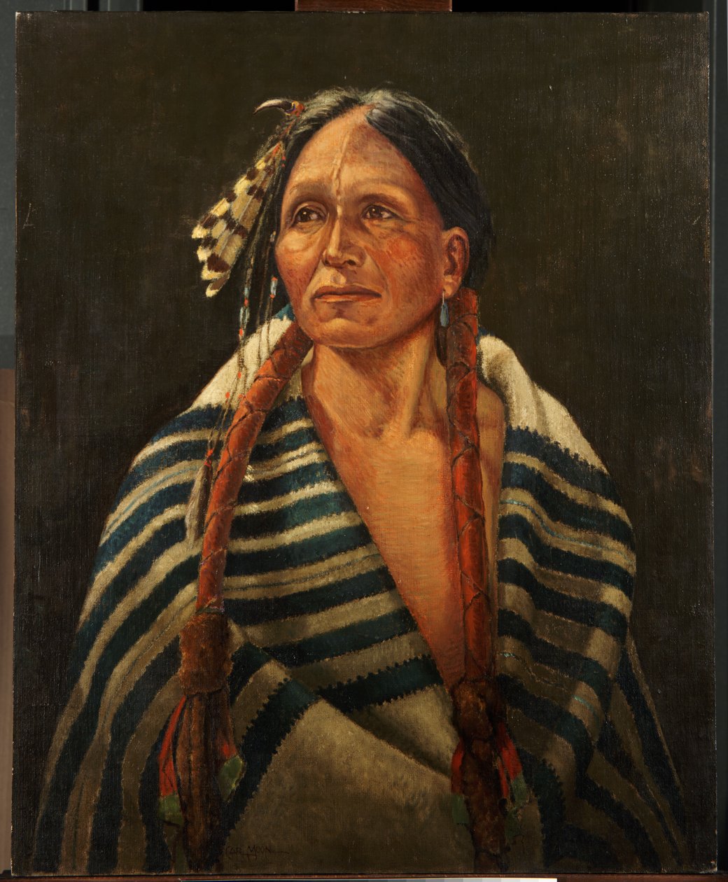 Indisk med stribet tæppe (olie på lærred monteret på panel) af Carl Moon
