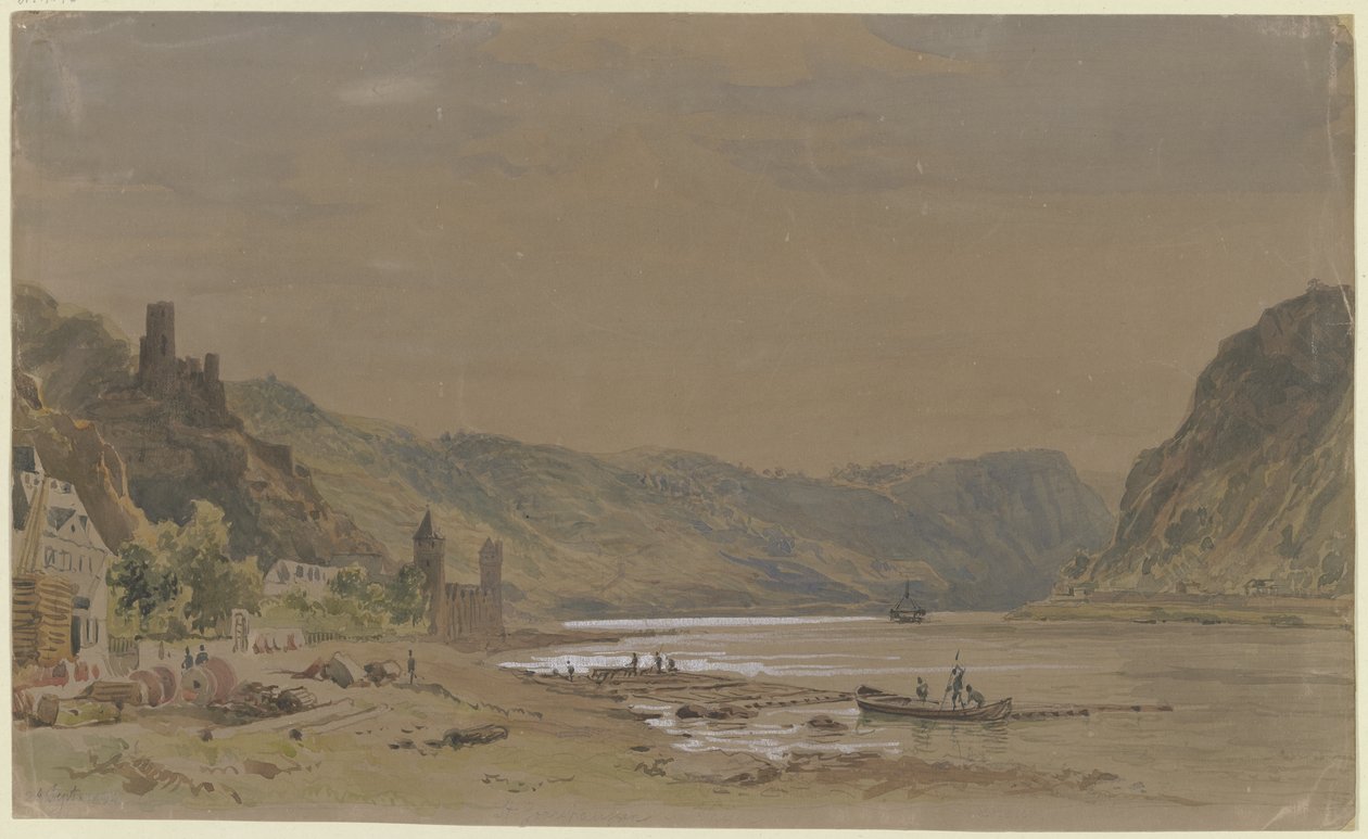 Udsigt over Sankt Goarshausen med slottet Maus og Loreley-klippen i baggrunden af Carl Morgenstern