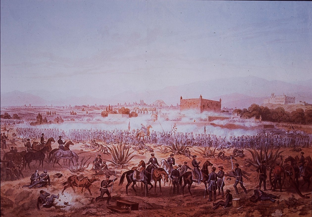 Mexicansk-amerikansk krig (1846-48), slaget ved Molino del Rey, amerikanske tropper angriber af Carl Nebel