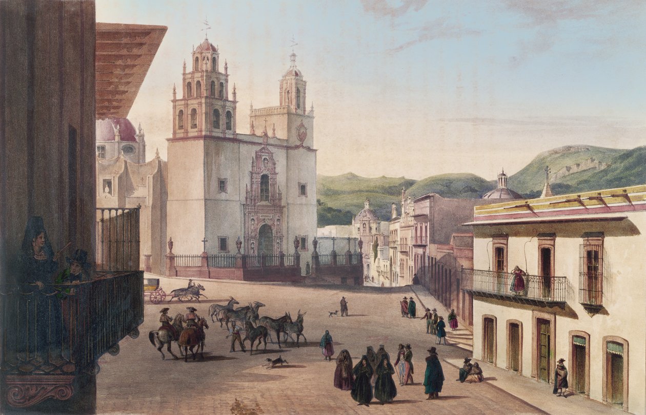 Plaza Mayor de Guanajuato (farvet gravering) af Carl Nebel