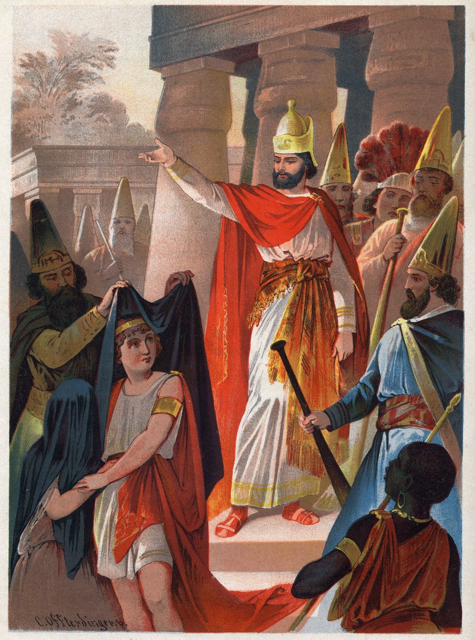 På et skilt af Sarastro spreder en præst store sorte sejl på prins Tamino og prinsesse Pamina Illustration af Carl Offterdinger (1829-1889) i "" Den fortryllede fløjte"" (Die Zauberflote, flauto magico, Tryllefløjten). Privat samling. af Carl Offterdinger