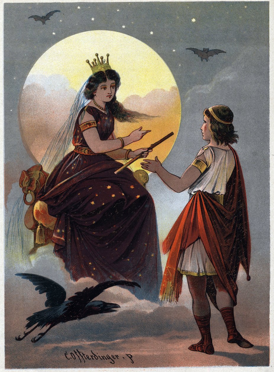 Prins Tamino foran den fortryllende Nattens Dronning og tilbyder sin datter i ægteskab, hvis det lykkes ham at trække hende ud af hænderne på den grusomme Sarastro. Illustration af Carl Offterdinger (1829-1889) i “”Den fortryllede fløjte””. (Die Zauberflot af Carl Offterdinger