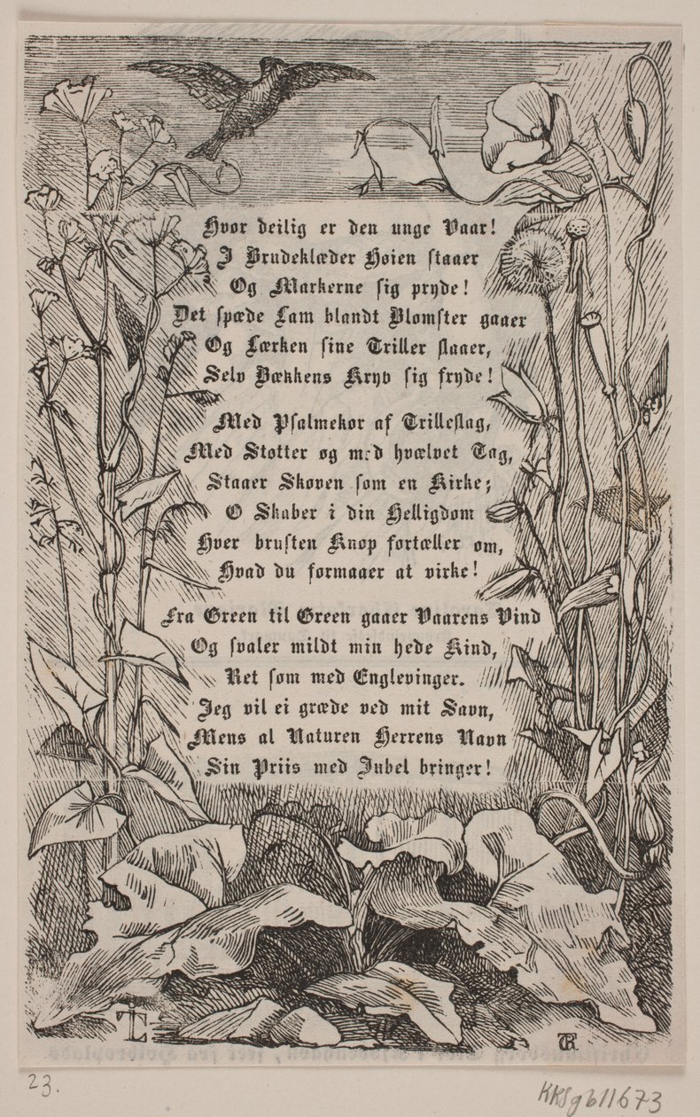 Indramning med en lærke og blomster af Carl Peter Theodor Rothweiler