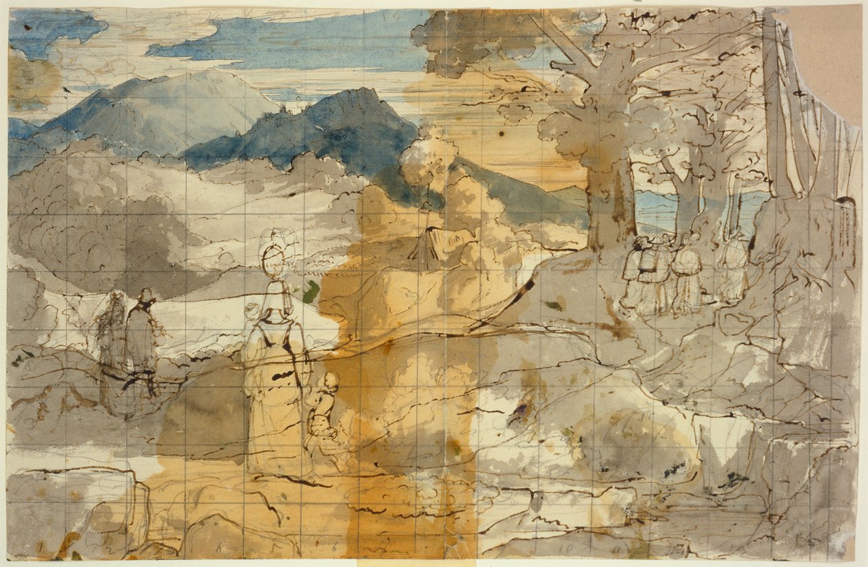 Landschaft bei Rocca Canterano mit einer Frau mit Kindern, Hirten und Pilgern af Carl Philipp Fohr