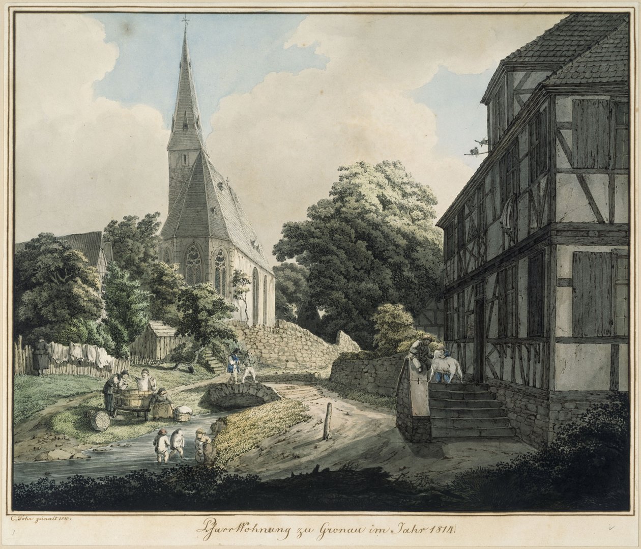 Præstegården og kirken i Gronau i 1814 af Carl Philipp Fohr