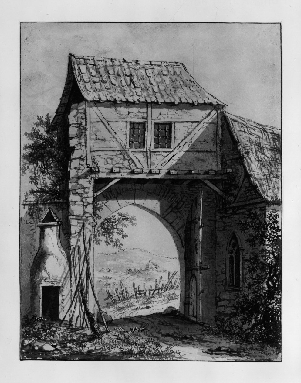 Portbygning med udsigt til et landskab med ruin af Carl Philipp Fohr