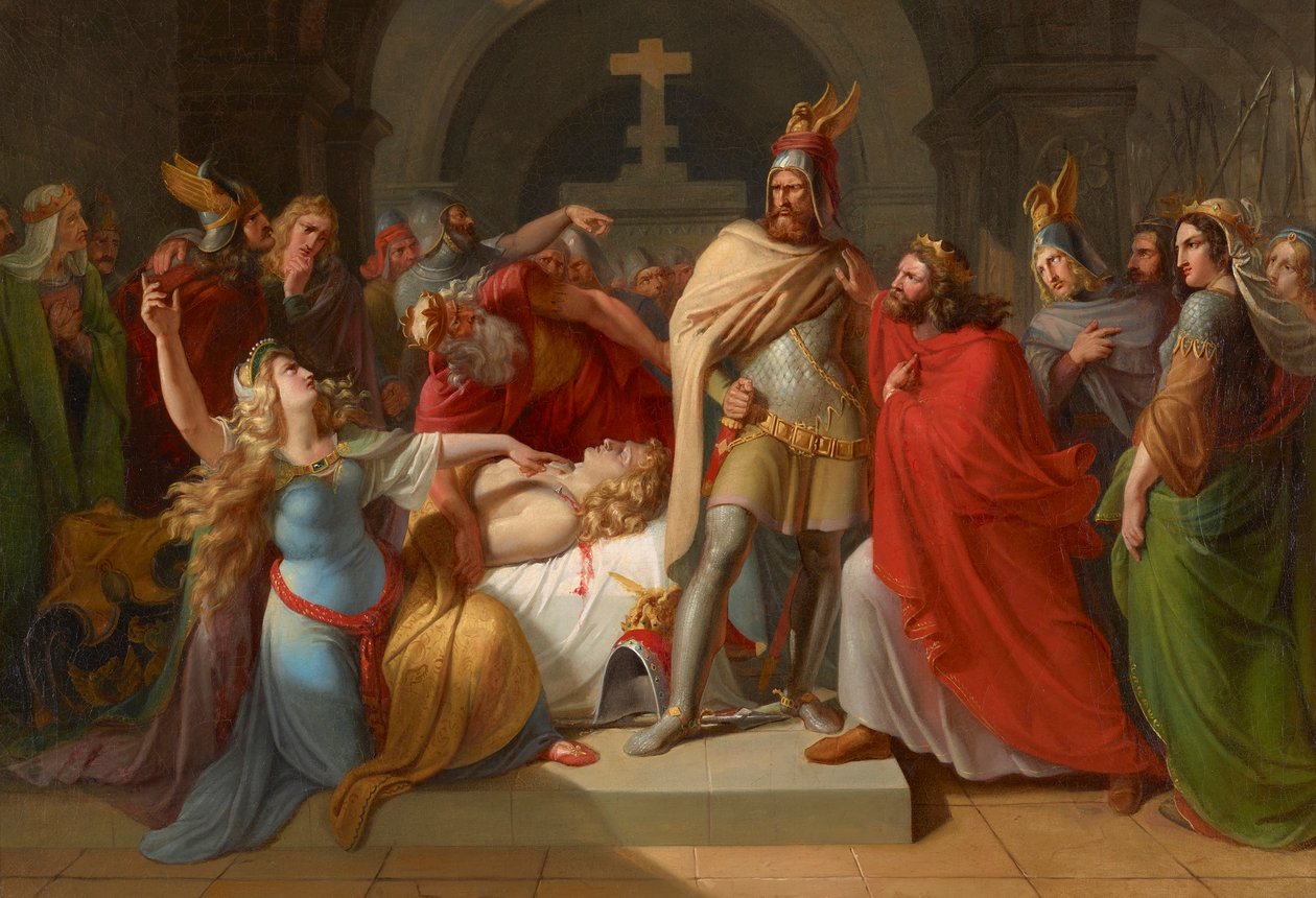 Kriemhild ved Siegfrieds lig erklærer Hagen som sin morder og sværger hævn, 1835. af Carl Rahl