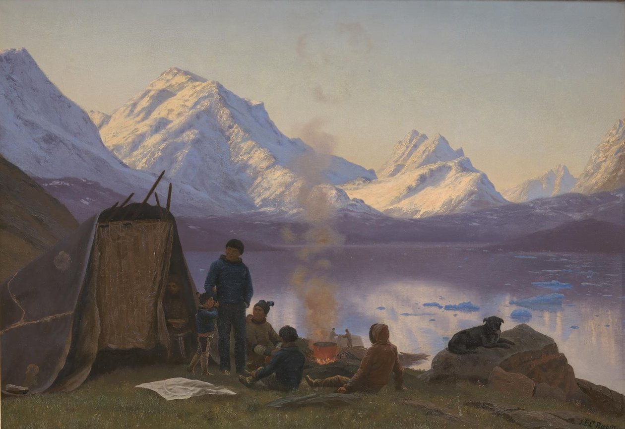 En grønlandsk boplads ved en fjord. Sommer af Carl Rasmussen