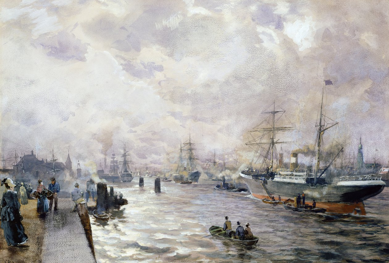 Sejlskibe i Hamborgs havn, 1889 (wc og gouache på papir) af Carl Rodeck