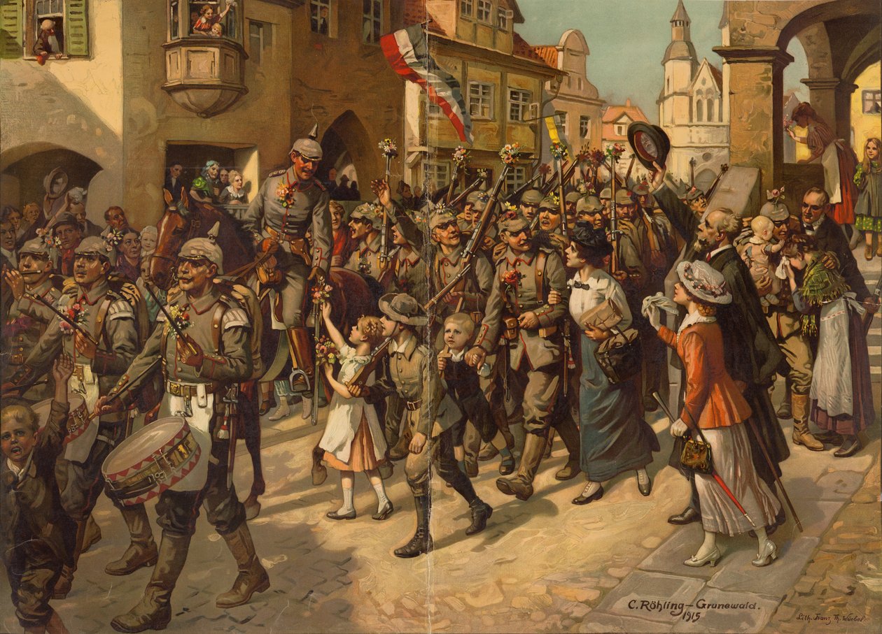 Mobiliseringen i 1914. Billede til Skolernes Historieundervisning, 1915 af Carl Rohling