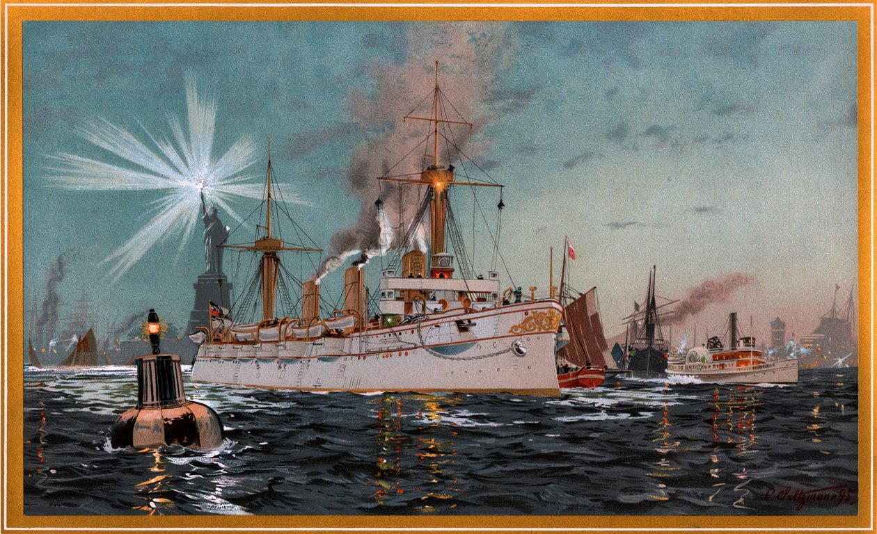 Kejserinde Augusta forlader New York, chromolitografi af C. Saltzmann 95, nr. 13 fra G. Wislicenus, Unsre Kriegsflotte af Carl Saltzmann