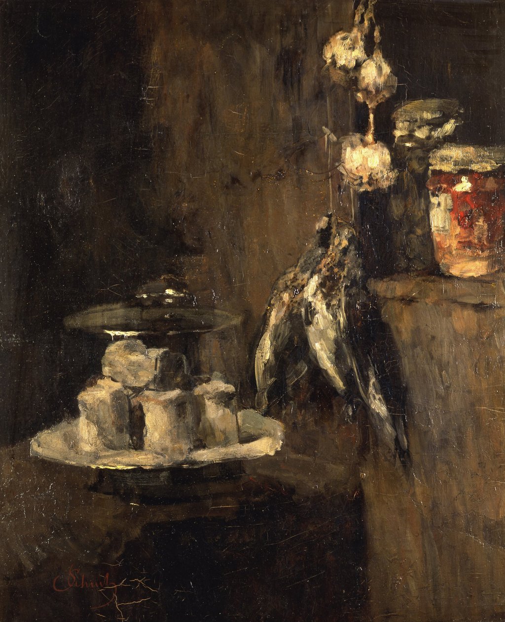 Stilleben med Agerhøns og ost, efter 1884 af Carl Schuch