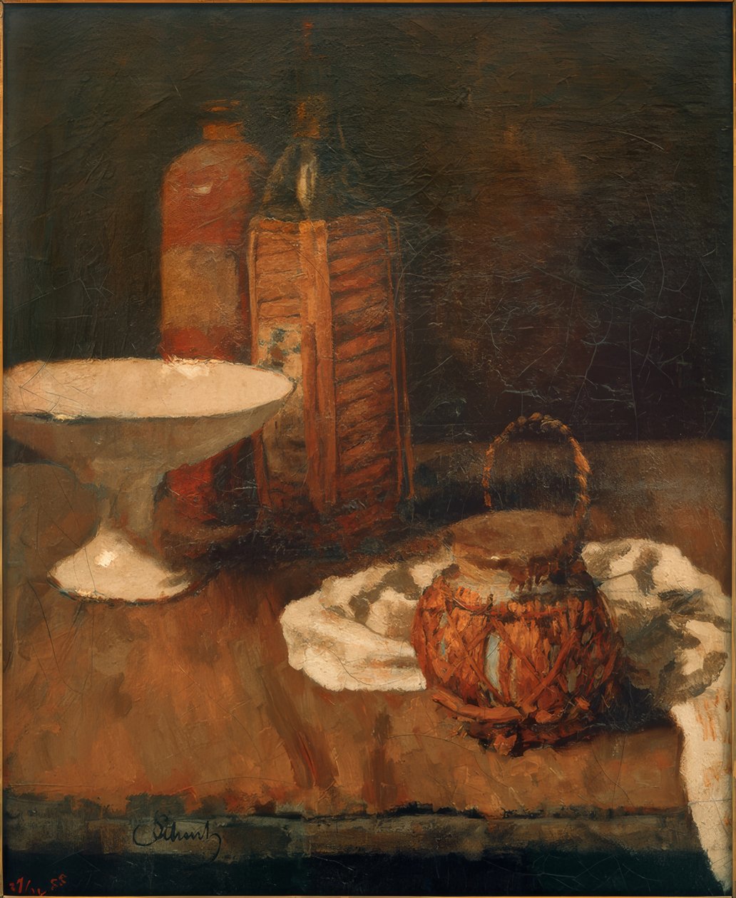 Stilleben med marasquinoflaske og skål af Carl Schuch