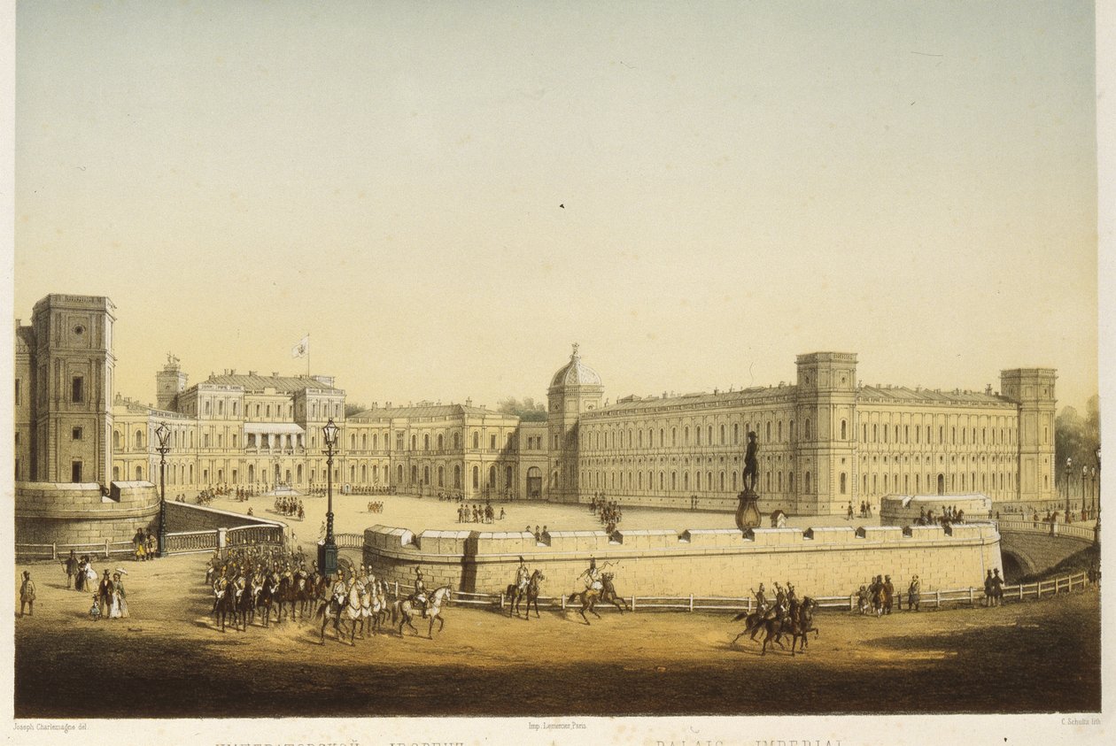 Udsigt over Gatchina-paladset i midten af det 19. århundrede. af Carl Schulz