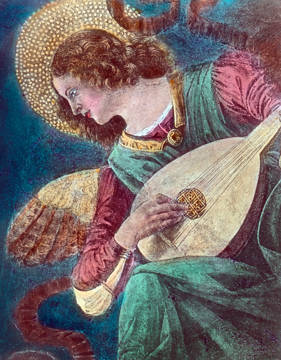 En engel, der spiller musik. Del af et freskomaleri af den italienske renæssancemaler Melozzo da Forli, også kendt som Michelozzo degli Ambrogi (1438 - 1494), malet ca. 1480. Billeddato: ca. 1900. Carl Simon-arkivet af Carl Simon