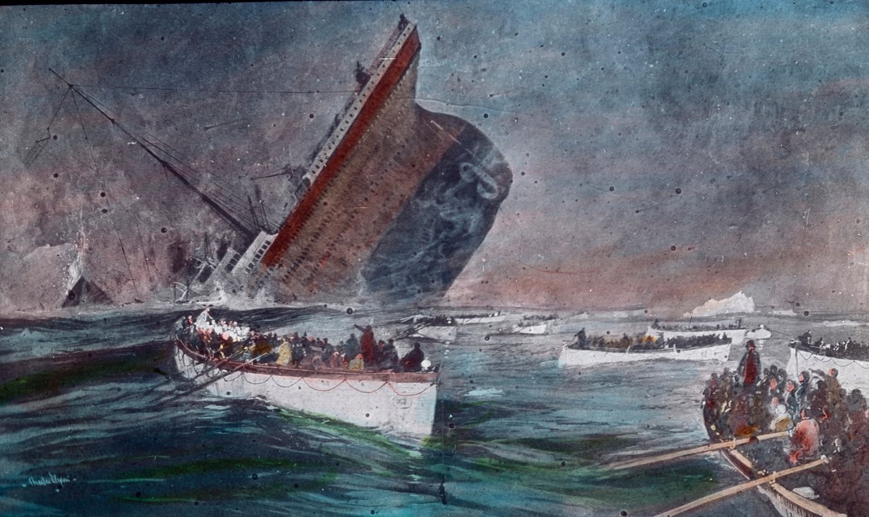 Titanics jomfrurejse 1912 - Titanics forlis - redningsbåde med overlevende fra Titanic-katastrofen, illustration af Carl Simon