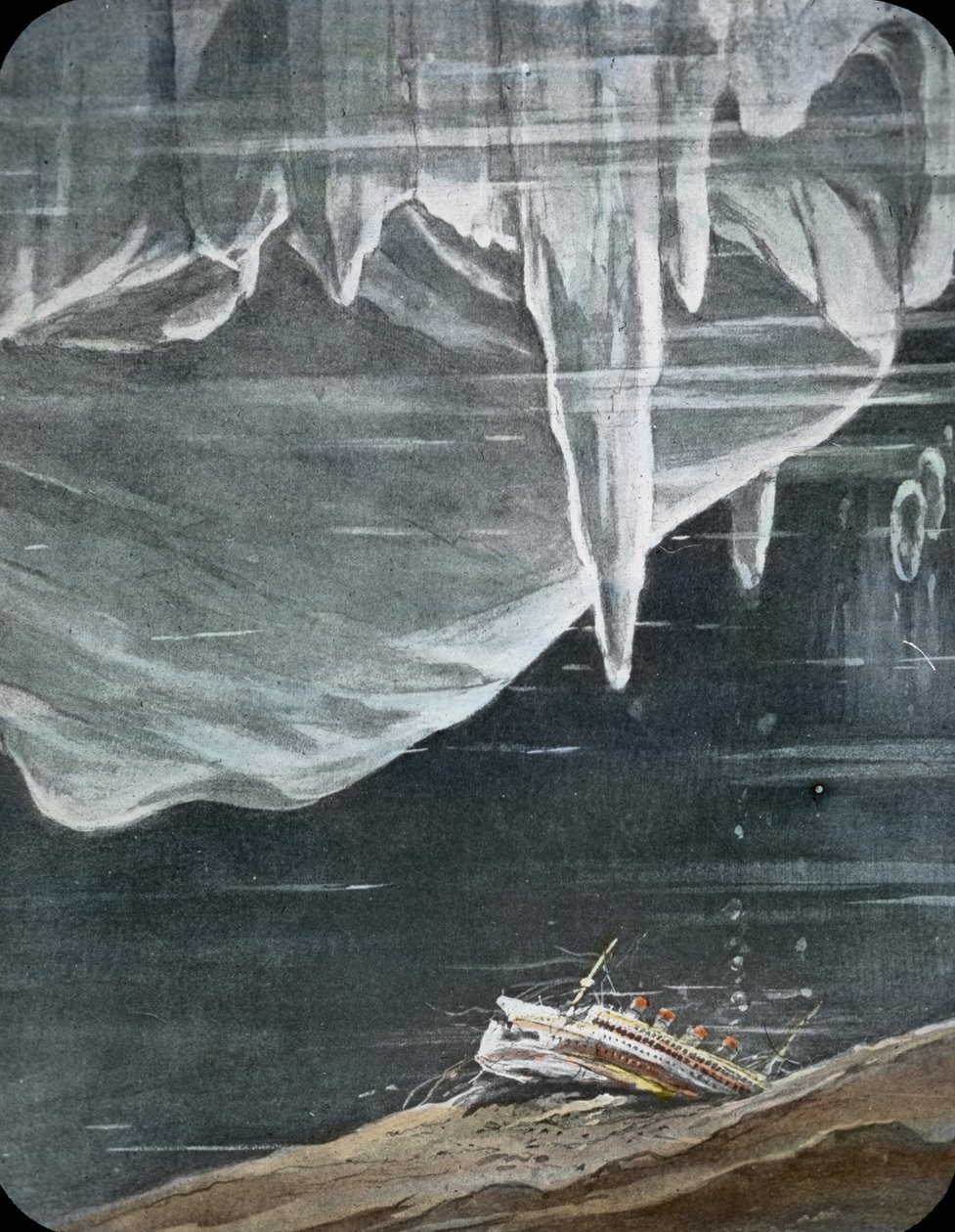 Titanics jomfrurejse 1912, Titanic-katastrofen, illustration, Titanics forlis, historie, historisk, illustration, Carl Simon, håndkoloreret glasdias af Carl Simon