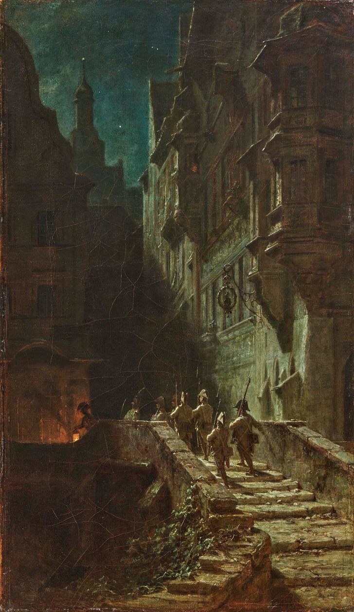 Crowd Guard Natterunde. af Carl Spitzweg