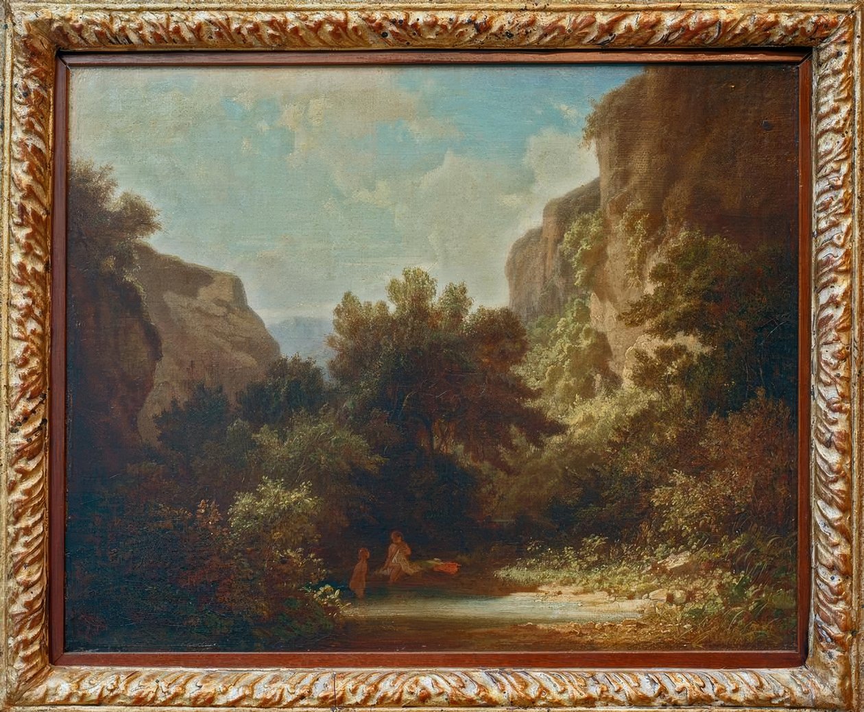 Klippefyldt bjerglandskab med badenymfer af Carl Spitzweg