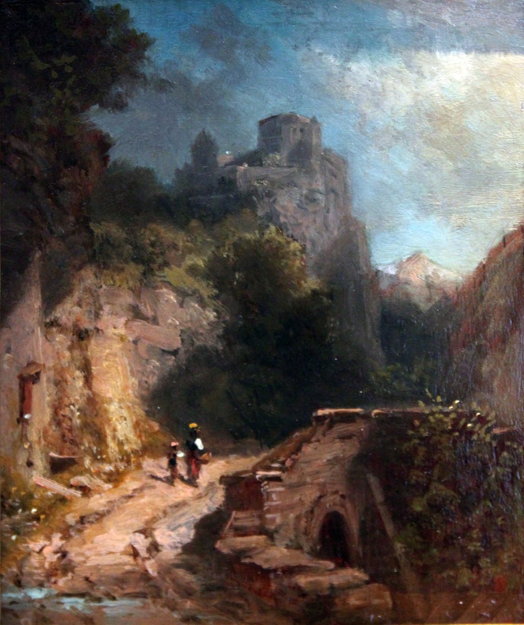 Bjerglandskab med bro og slot af Carl Spitzweg