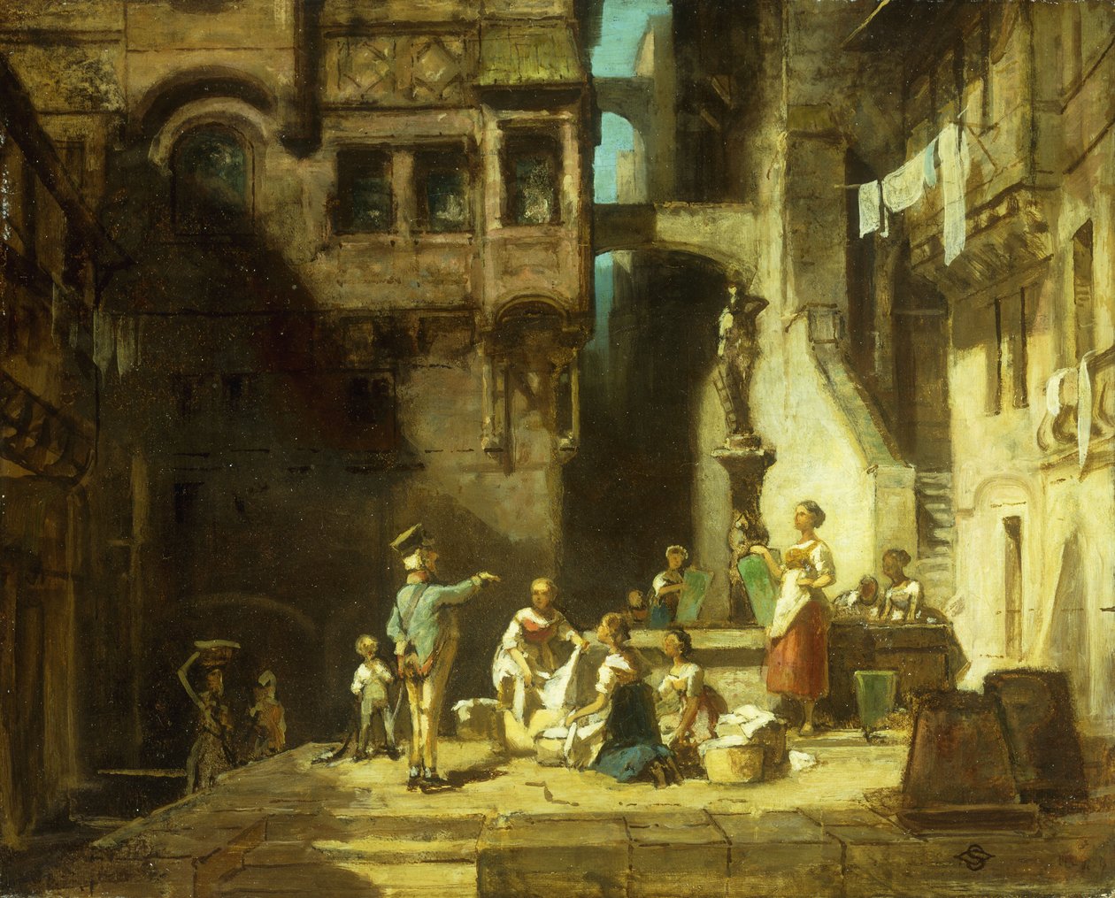 Vasketøj Kvinder ved Brønden; Vaskekoner ved brønden, ca. 1860 af Carl Spitzweg