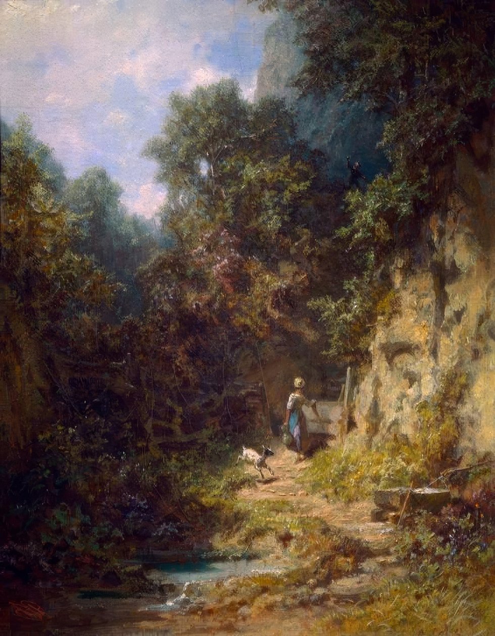Pige med en ged, som en jæger vinker til af Carl Spitzweg
