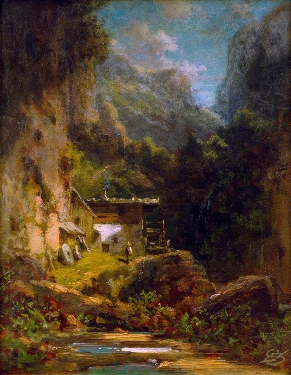 Mølle i skovkløft med en figur af Carl Spitzweg