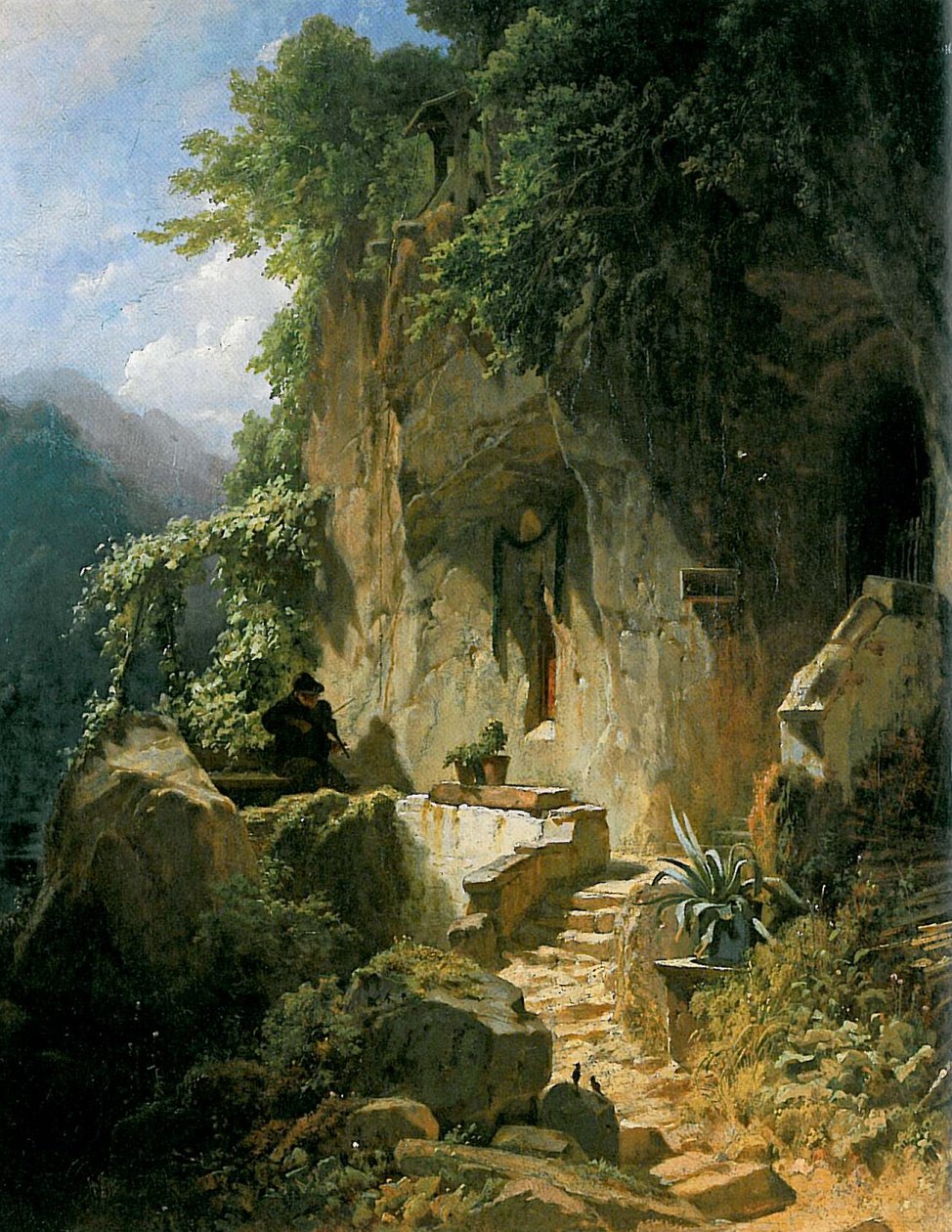 Musikskabende eremit foran sin rockeremitage af Carl Spitzweg