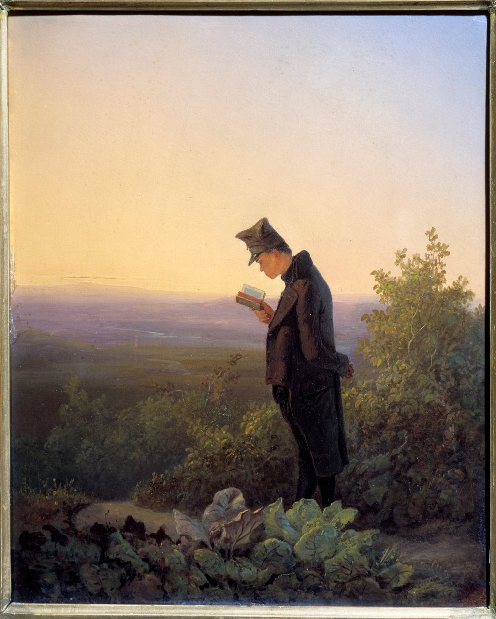 Læser Breviariet om aftenen En mand, der læser i Bibelen i et romantisk landskab. Maleri af Karl Spitzweg (1808-1885) n 1845 søn. 0,29x0,23 m af Carl Spitzweg
