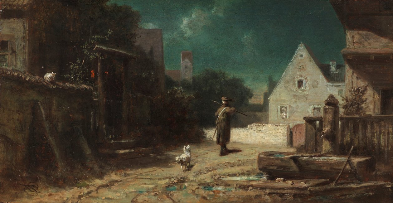 Nattevagten Nattevagt ved måneskin, eller Hund og kat, ca. 1870. af Carl Spitzweg