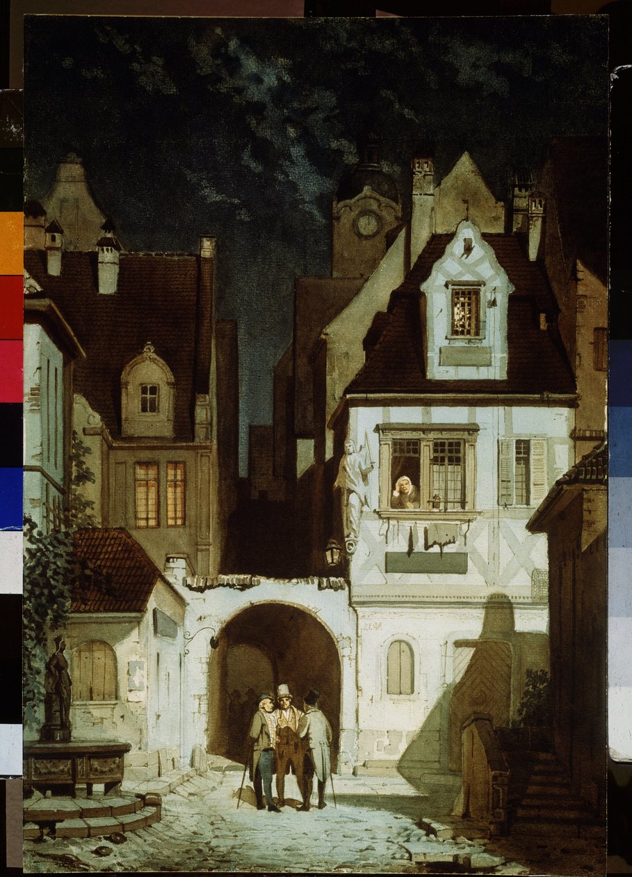 Et hjørne af en tysk by ved måneskin. Maleri af Carl Spitzweg (1808-1885). Akvarel på papir, 68,5 x 46,5 cm. 1800-tallets tysk kunst. Pushkin Museum of Fine Arts, Moskva. af Carl Spitzweg